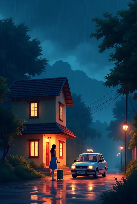 old South Indian home and this home is left side of the image only side view of the image, old South Indian home and this home is left side of the image, anime version, cartoon style, animation, Night time, dark sky, stars in that night sky, lots of rain, ...