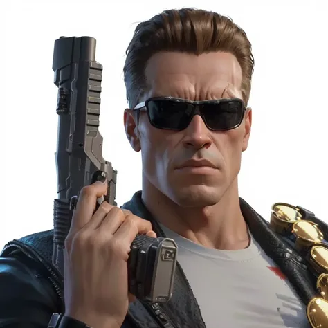 A close-up of a person pointing a gun forward and wearing sunglasses, I do not know art style, haris nukem, Arnold Maya rendering, Arnold render 3d, Arnold render 3d, Arnold render, high detail iconic character, arnold y zbrush, I do not know, !I do not kn...