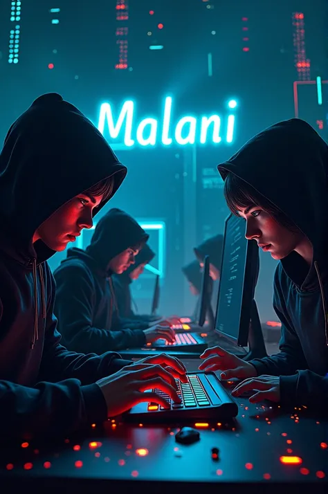 Hackers taip background
Background color is dark black,blue and sky dark blue
Name of word Malani is light colors