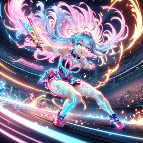 Action scenes,battle,Anime Screenshots、 Artistic anime illustration of a woman adorned with glowing neon magic tattoos all over her body and face。 The tattoos on his arms and legs are a mix of pink, blue and white runes.、It emits a neon light。 She has long...