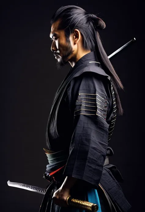 A samurai warrior with his sword in profile