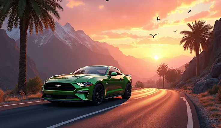 sunset between mountains, light green mustang car in road ultra realistic UHD with palm trees on roadside birds flying 