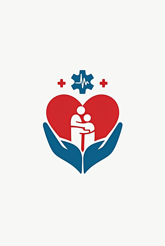 Medical care logo with hands holding a red heart with a blue lifeline in the center and a hugging family below 