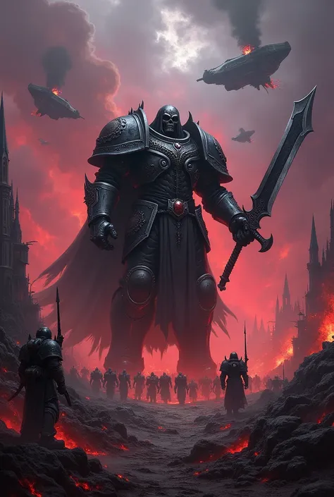 An image that says Dark Code ,of Abaddon the Despoiler destroying the planet Cadia with the black ship, Warhammer 4k