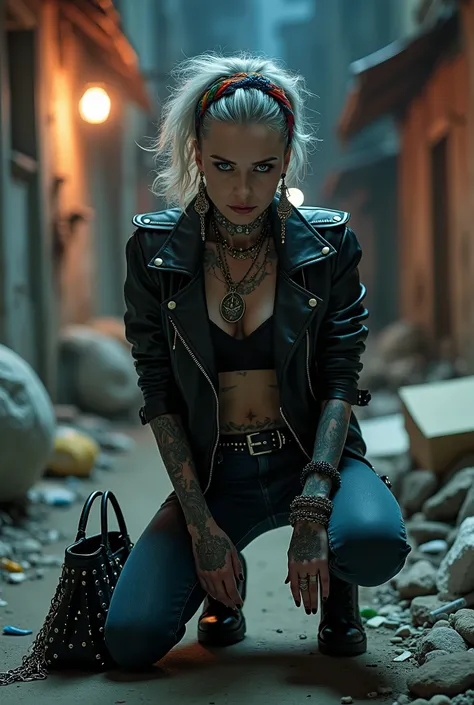 russian milf woman, grey hair (middle part) and wide colourful bandana as headband, with very light blue eyes, extremely pale. Wearing studded cropped black moto jacket with lots of zippers and pins, black push up bra with white seams , dark skinny blue je...