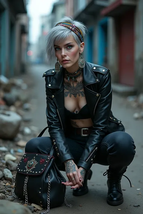 russian milf woman, grey hair (middle part) and wide colourful bandana as headband, with very light blue eyes, extremely pale. Wearing studded cropped black moto jacket with lots of zippers and pins, black push up bra with white seams , dark skinny blue je...