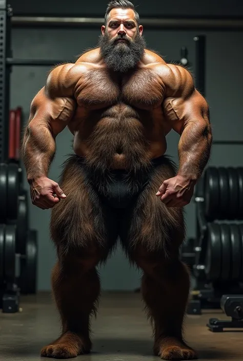 a bearded man with a clean shaven body standing in a gym, robust and stocky body, hairy bodies, muscular thighs, full human hairy body, Total growth behind, hairy shoulders, hairy body, very hairy bodies, posing and flexing, photo by full body, hairy arms,...