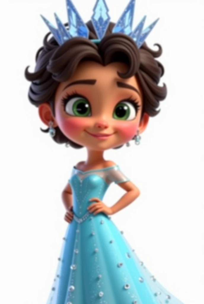 Create a high-quality, high-definition (HD) Pixar 3D-style image with vivid colors and sharp lines. The image should include: A  girl with olive skin, dark brown hair with lots of curls and very short, and green, happy and expressive eyes. She is wearing a...