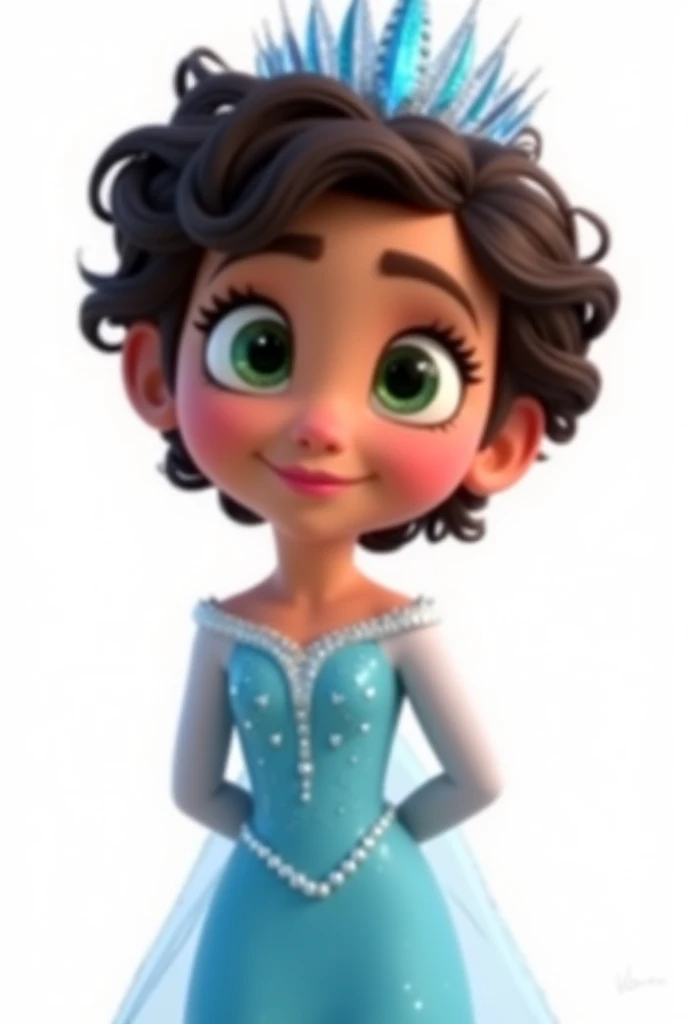 Create a high-quality, high-definition (HD) Pixar 3D-style image with vivid colors and sharp lines. The image should include: A  girl with olive skin, dark brown hair with lots of curls and very short, and green, happy and expressive eyes. She is wearing a...