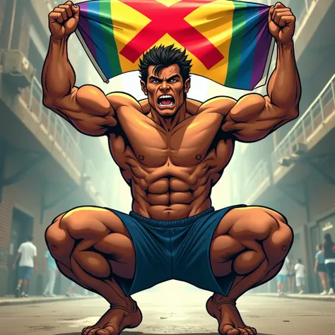 anime art, marvel art style, a 1 hot sweaty latin tanned male, wearing soccer uniform, big bulge, holding a lgbt flag with a red X mark in it, squatting down