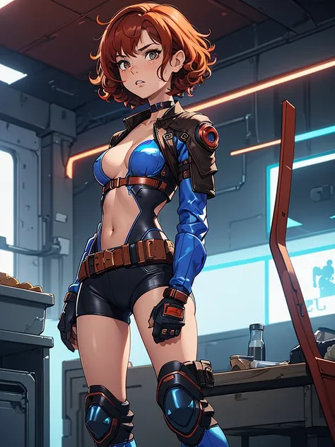 (masterpiece), (best quality), (1girl), (adult), (copper red hair), (curly hair), (short hair),  body figure, small breasts, (brown eyes), freckles, (blue cyberpunk outfit), (blue battle outfit),(badass outfit),boots, black choker, legs