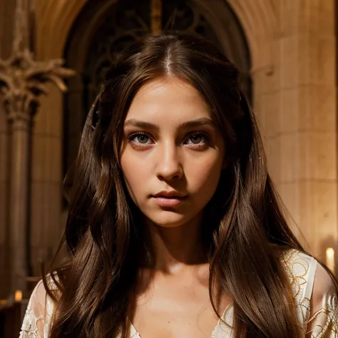 girl with long brown hair , black light eyes, with sexy look , hyper detailed photography , soft light, portrait, realist, with elegant clothes in the cathedral of Mallorca La Seu
