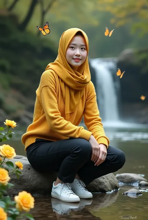 beautiful Korean girl, smooth white skin, well-groomed face, gold yellow hijab, butterfly morif, gold yellow knitted hoodie, white shoes, black cargo pants, sitting on the edge of a small rocky river, among blooming yellow roses, butterflies flying, behind...