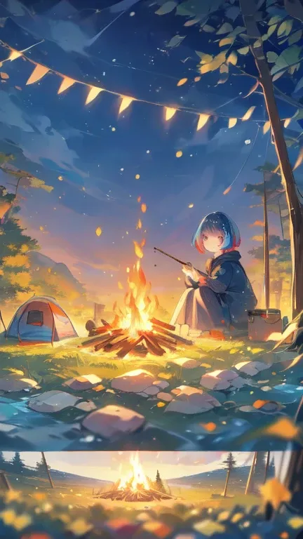 8k,Extremely detailed, masterpiece,High resolution,Highest quality,Increase the resolution,Cinema Lighting,Different space，Ultra Wide Angle，Wide angle of view，One girl，Short Bob，smile，Solo Camping，Pop-up tent，Simple fire pit，Small bonfire，Canned food，Milky...