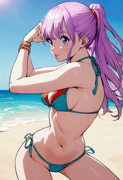 Bulma dressed by a sexy bikini on the beach, sexy pose 