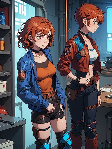 (masterpiece), (best quality), (1girl), (adult), (copper red hair), (curly hair), (short hair),  body figure, small breasts, (brown eyes), freckles, (blue cyberpunk outfit), (blue jacket),( battle outfit),(badass outfit),boots, black choker, legs, (knee gu...