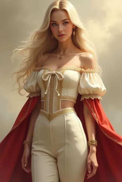 A realistic digital painting depicts a young woman standing gracefully against beige cloudy foggy background, Her outfit consists of an off-shoulder ivory-colored top with puffy sleeves, adorned with intricate gold embroidery and lace trim along the edges....