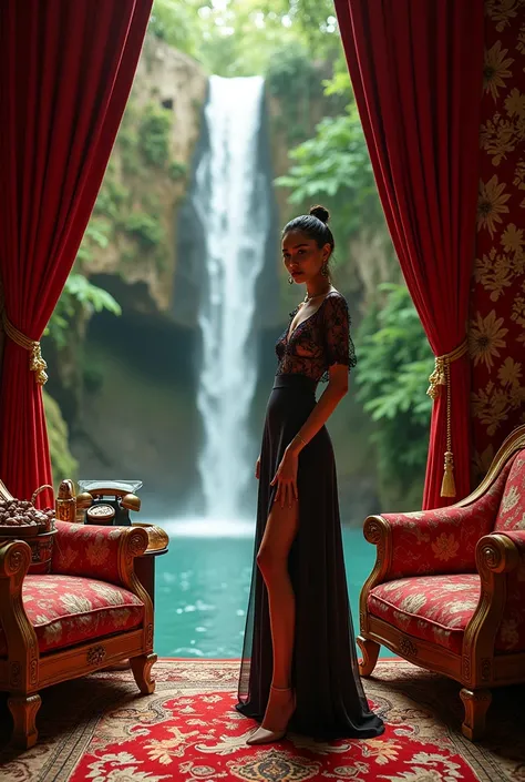 high fashion photography,red wallpaper,ornate chair,vintage phone,patterned carpet,eye-level shot,centered subject,vivid colors,in a hidden paradise hidden behind a waterfall,rectangular (tetradic) color palette,shot on Fujifilm X-S10 with Fujinon XF 10-24...