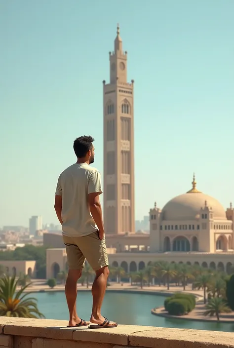 A man wearing a summer shirt and summer shorts looks from a distance at the Hassan II Mosque in Rabat. Very realistic and real.