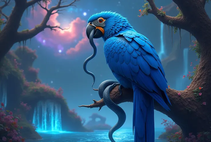 An enchanting blue macaw perched on a mystical tree branch in a surreal wetland. The birds vibrant blue feathers shimmer under a magical glow. The surrounding environment features luminescent plants, floating islands, and cascading waterfalls with sparklin...