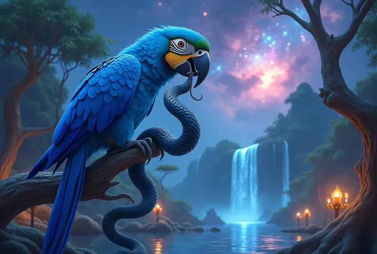 An enchanting blue macaw perched on a mystical tree branch in a surreal wetland. The birds vibrant blue feathers shimmer under a magical glow. The surrounding environment features luminescent plants, floating islands, and cascading waterfalls with sparklin...