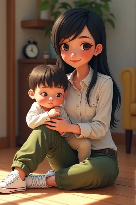 Baby sitting with black side hair, dark round eyes a small spot on the cheek white shirt military green pants and white all star 