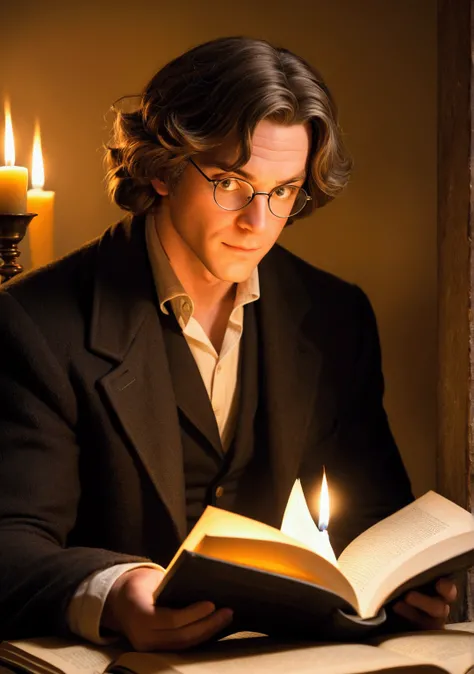 Frederick, engrossed in reading a large book of philosophy. The focus is on his curious eyes and gentle smile as he flips through the pages. The environment is cozy, with warm candlelight illuminating the books text and casting soft shadows.