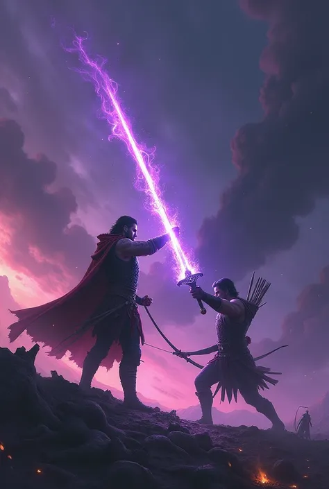 Make a men who fight for earth to another men first one in hand a sward with purple flame and second one is Archer of hand with strong forarms and the sky is full of purple and some side with black storms and many mens killed by second one 