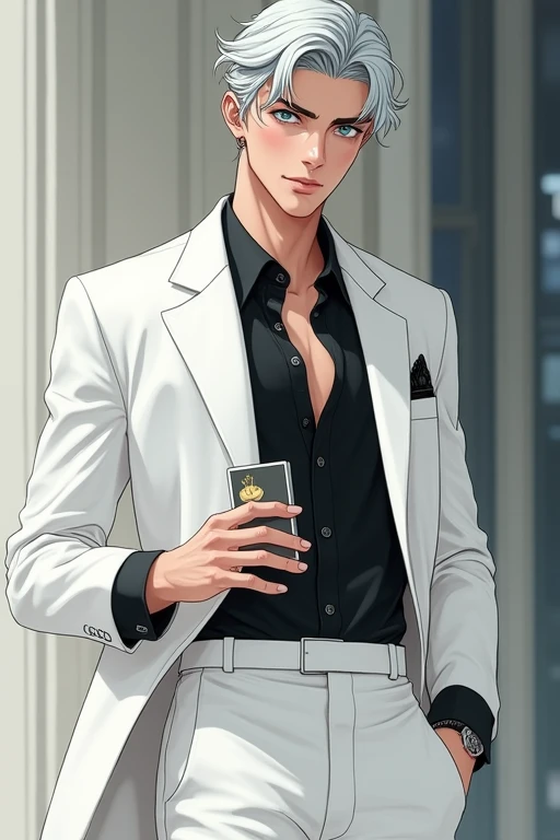 ((Highest quality)), ((masterpiece)), (detailed),White suit，male，20-year-old，White tie，Grey Hair，blue eyes，Black shirt，half，stand，Hold the card in your left hand，Place your right hand on your hip