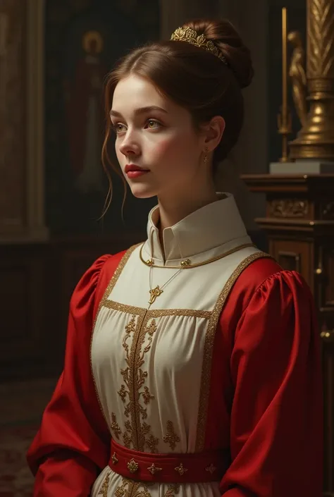  Dressed as an altar boy, with the red tunic and white surcoat,with her hair in a bun, Brown color, eyes browns 
