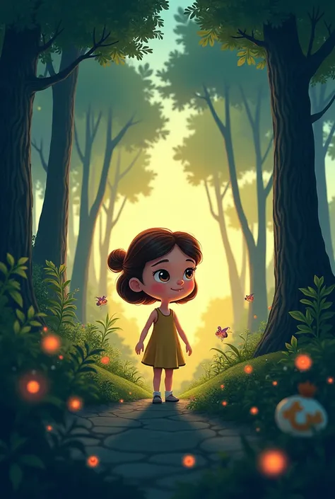 a picture of Sofia walking through the forest but it&#39;s starting to get dark in cartoon mode