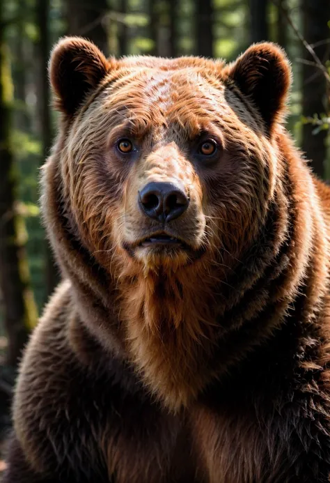 brown bear, a brown bear, detailed fur texture, standing in a forest, sunlight filtering through the trees, beautiful detailed e...