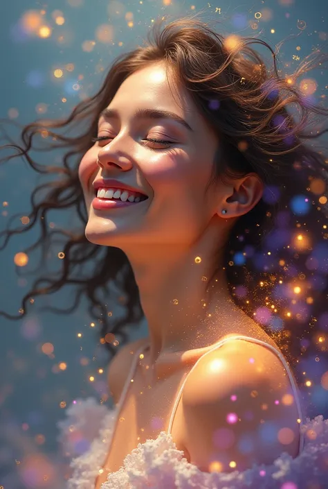 Image of a beautiful woman, glad, SURROUNDED BY LIGHT AND NUMBERS