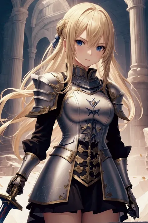 game theme final fantasy. a blonde girl standing，image of her favorite sword in hand , soft colors, with a dramatic tone. a mast...