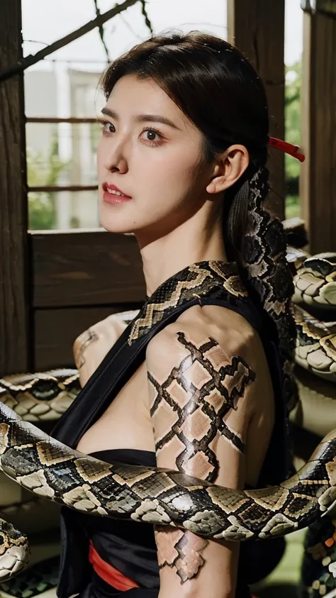 (masterpiece), best quality, expressive eyes, perfect face, Matured, Sharp eyes, HD, Benisato, snake demon, snake Yokai, kunoichi, snakes tattooed, chin, She is a tall and matured woman with a slender curvaceous build with long legs and arms, body view, Be...