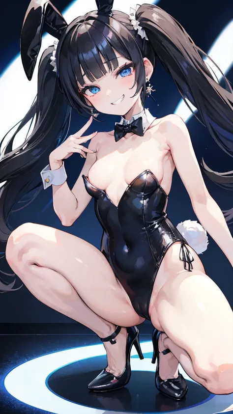 (8k、Best image quality、Highest quality、masterpiece)、Detailed face、((One ))、Black Hair、Twin tails、Blunt bangs、Bright Blue Eyes、Earrings、Wicked Smile、((Grin))、Small breasts、((Black Playboy Bunny))、Shiny、Black high heels、squat、Leg spread、Stage Background
