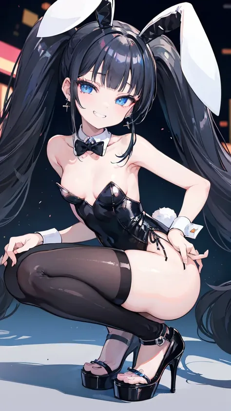 (8k、Best image quality、Highest quality、masterpiece)、Detailed face、((One ))、Black Hair、Twin tails、Blunt bangs、Bright Blue Eyes、Earrings、Wicked Smile、((Grin))、Small breasts、((Black Playboy Bunny))、Shiny、Black high heels、squat、Leg spread、Stage Background
