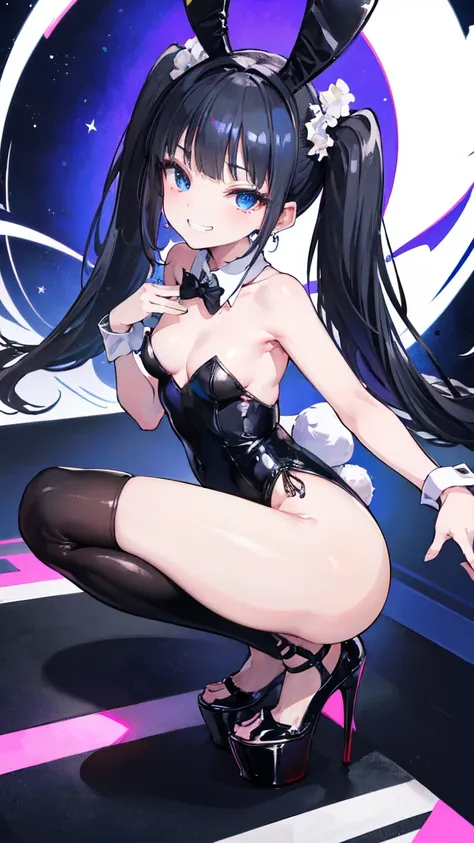 (8k、Best image quality、Highest quality、masterpiece)、Detailed face、((One ))、Black Hair、Twin tails、Blunt bangs、Bright Blue Eyes、Earrings、Wicked Smile、((Grin))、Small breasts、((Black Playboy Bunny))、Shiny、Black high heels、squat、Leg spread、Stage Background
