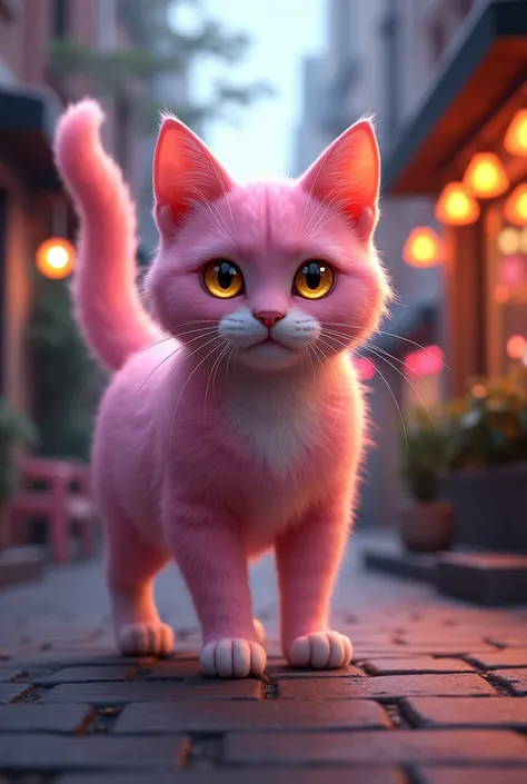 A beautiful cat with golden eyes and pink colour walking in street and saw a bar in which music is played