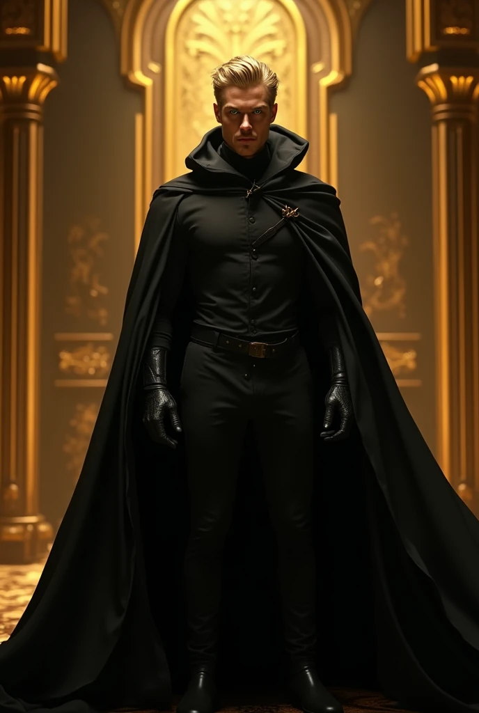 A distant image, at night, un hombre extremadamente hermoso y very engreído, golden hair, very masculino, very guapo, big and fit, green eyes, dressed in black, all covered with the cape, He is a king,  with black gloves on his hands, with a black cape, at...