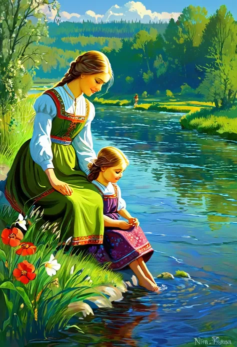 painting of a girl with a kid by the river, The girl and the kid, Slavic folk tale, traditional art, Igor Grabar, beautiful art work, Nina Petrovna Valetova., beautiful digital images, Cute work of art, cute digital art, russian folk fairytale, beautiful a...