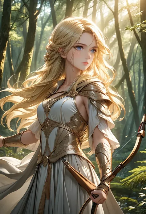 beautiful female archer, holding a bow, delicate face, beautiful eyes, detailed facial features, flowing long hair, elegant post...