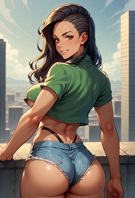 score_9, score_8_up, score_7_up, break, score_9, smile, dark skin, laurastory, asymmetrical hair, cornrows, green cropped shirt,...