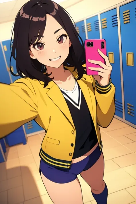 (Tabletop, Highest quality),  (locker room), plural, young teen, panties, Sports Top, Sports jacket, locker roomに立つ, Selfie, smile, smile, fun,, Emotional, Wide-angle, bright, Best Shadow, Watercolor,