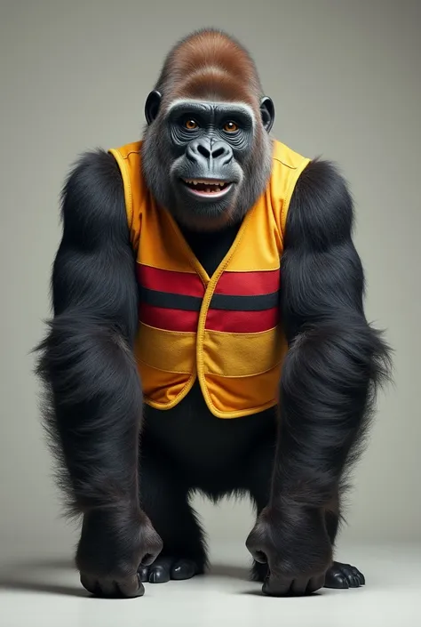 A photo of a gorilla showing his hands and feet to the camera and he is smiling and wearing a striped vest