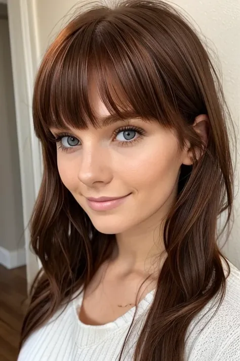 20 year old European woman, dark messy auburn hair, dimples, bangs