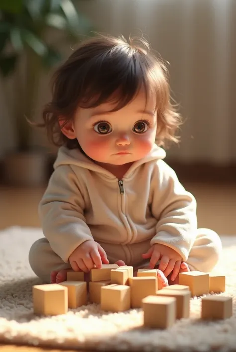 Create a 4K photorealistic image of a  girl kid with big, thoughtful eyes and long lashes, smiling softly. He has full cheeks and is dressed in a soft, pastel-colored onesie. The photo captures him sitting on a rug with building blocks, his face lit up by ...