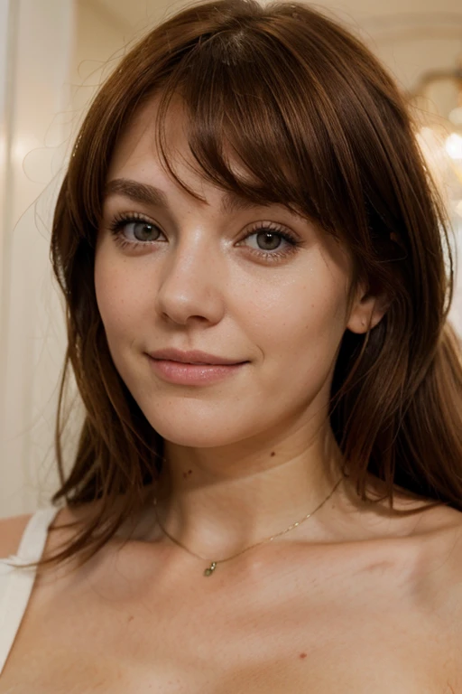 High detail, high quality, 20 year old European woman, dark short messy auburn hair, dimples, bangs, hazel eyes, pov