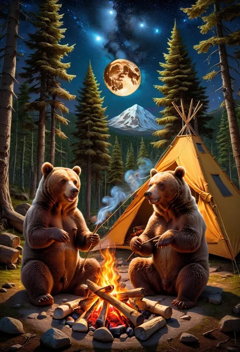 Brown Bear, 2 cute brown bears around a 🔥 cozy campfire roasting marshmallows, full moon and stars in sky, forest background with tent at campsite. 8k resolution trending on Artstation, vivid and deep colors, intricate detailed fantasy illustration, HDR, b...