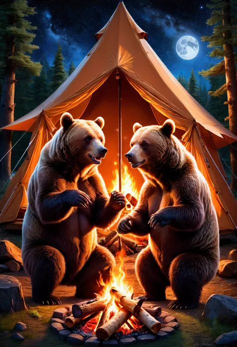 Brown Bear, 2 cute brown bears around a 🔥 cozy campfire roasting marshmallows, full moon and stars in sky, forest background with tent at campsite. 8k resolution trending on Artstation, vivid and deep colors, intricate detailed fantasy illustration, HDR, b...